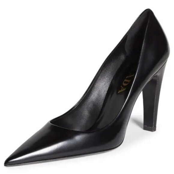 PRADA Triangle Show Leather Pointed Toe Pumps Heels Shoes Black - Picture 1 of 15